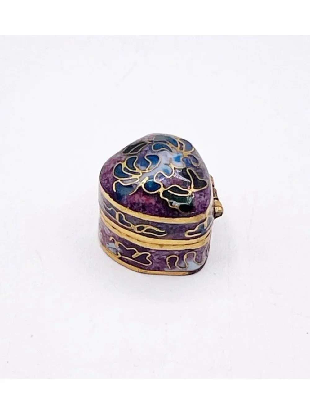 Miniature Cloisonne Enamel Heart Trinket Box Purple Blue Floral Hinged Pill Box